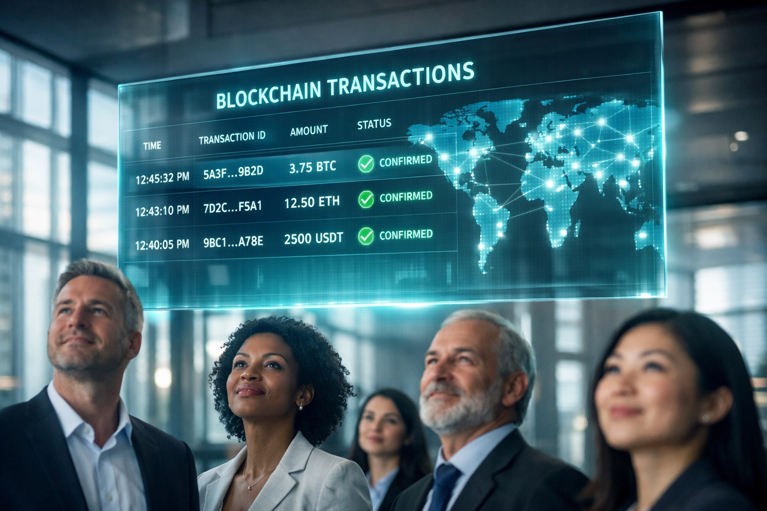 Business team viewing blockchain dashboard tracking transparent hunger relief contributions