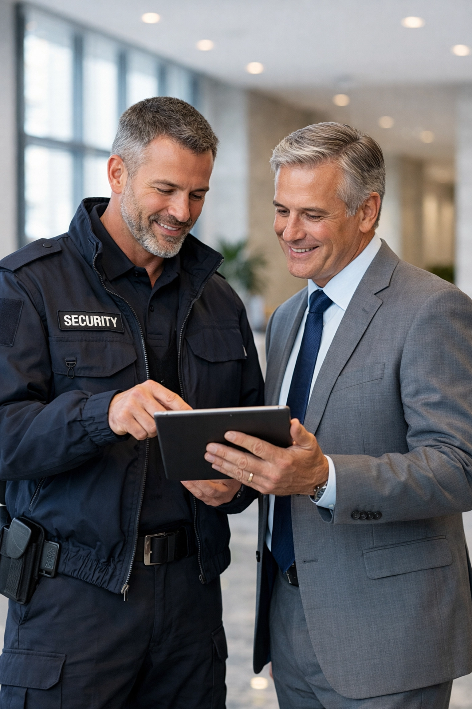 KGFM security consultant and client reviewing a tailor-made site security plan in a professional lobby.