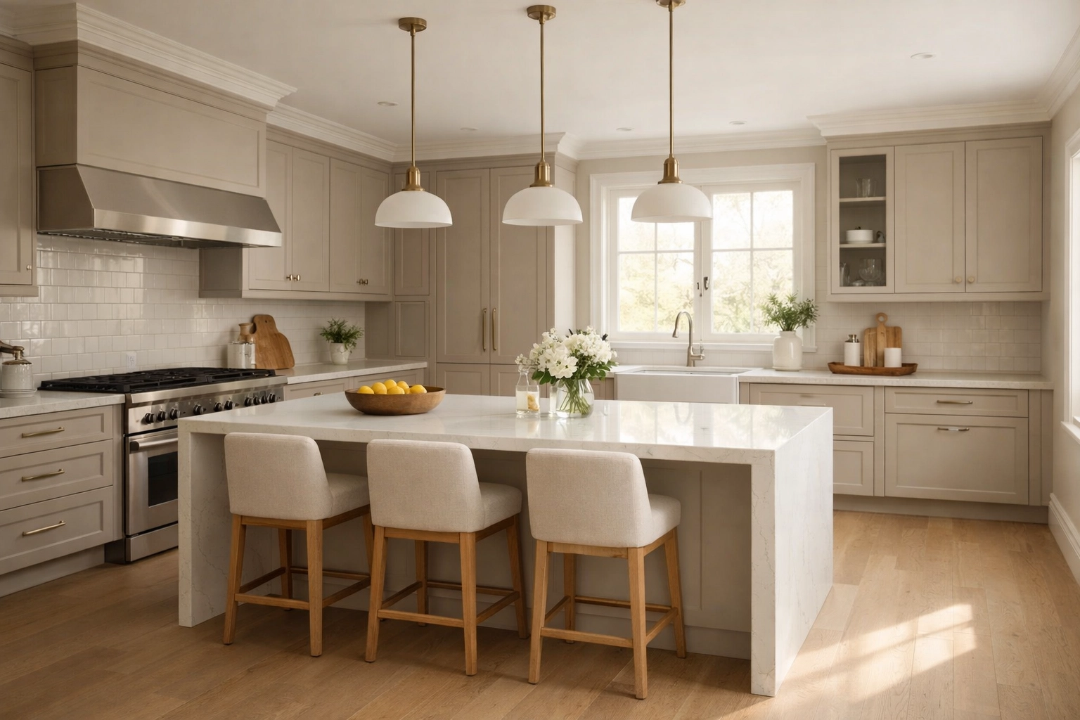 Completed bespoke kitchen renovation in Derby with a neutral color palette and quartz island.