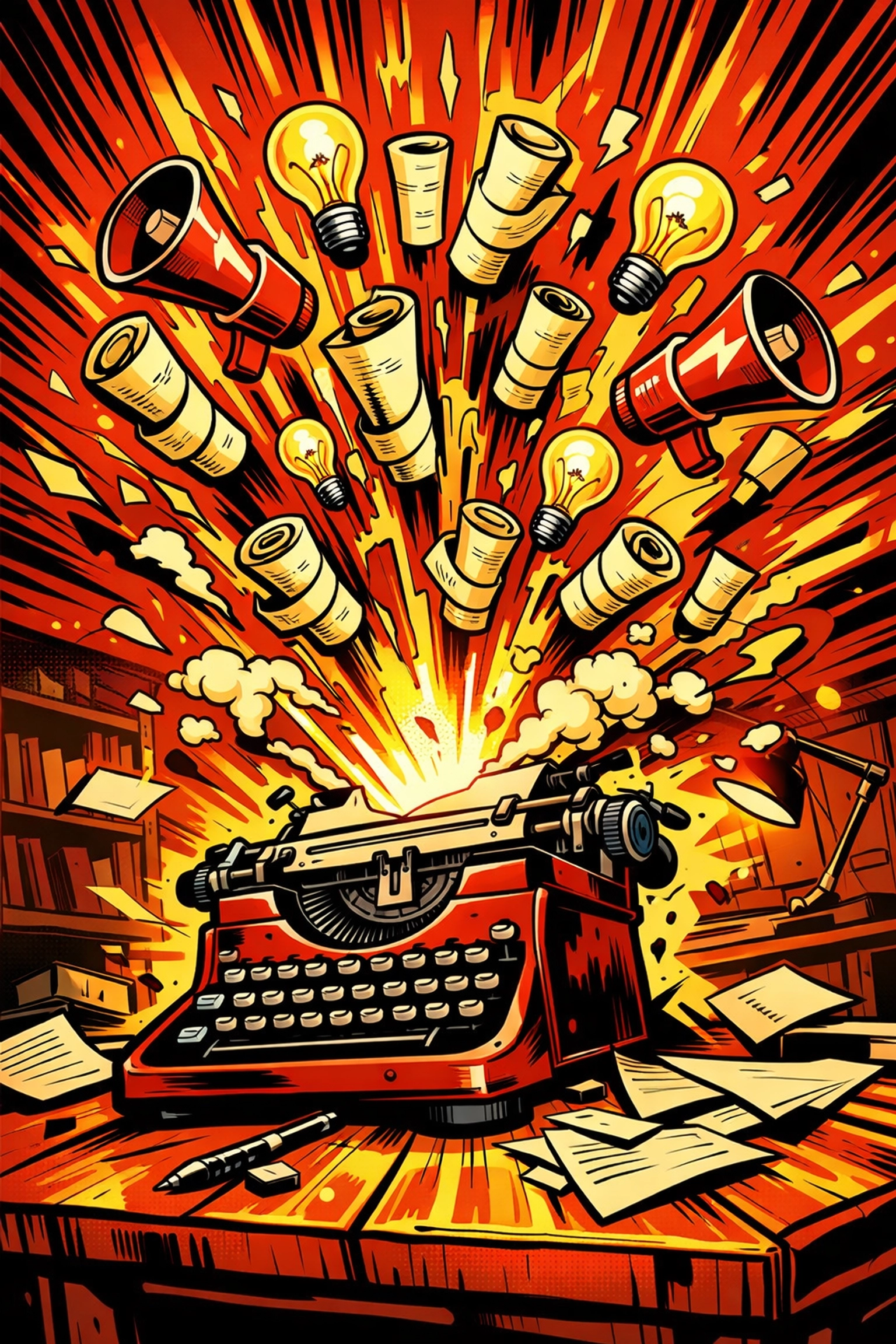 Typewriter erupting with creative ideas representing an AI content generator for small business marketing.