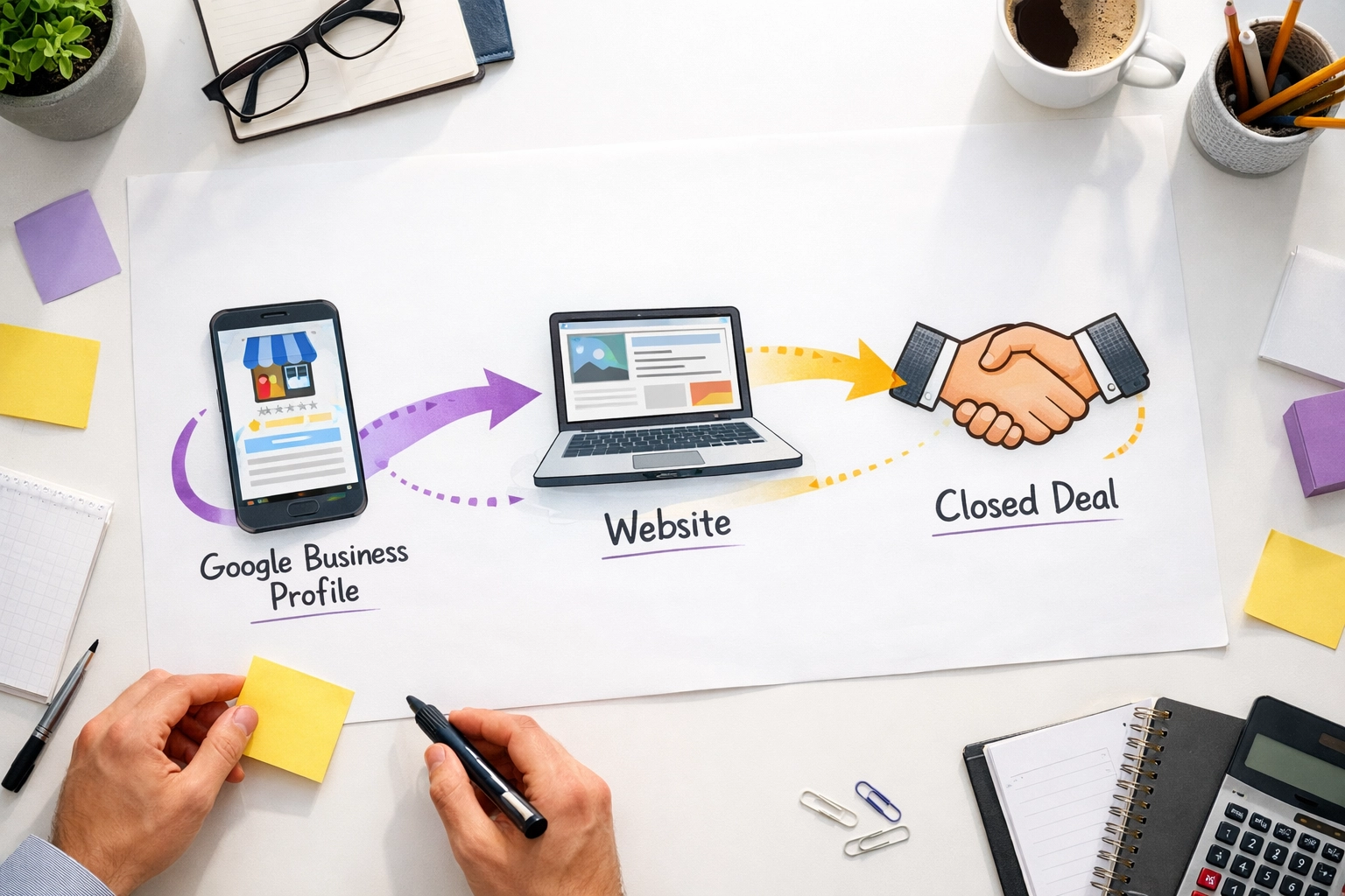 Customer journey map connecting Google Business Profile to website conversion for service leads