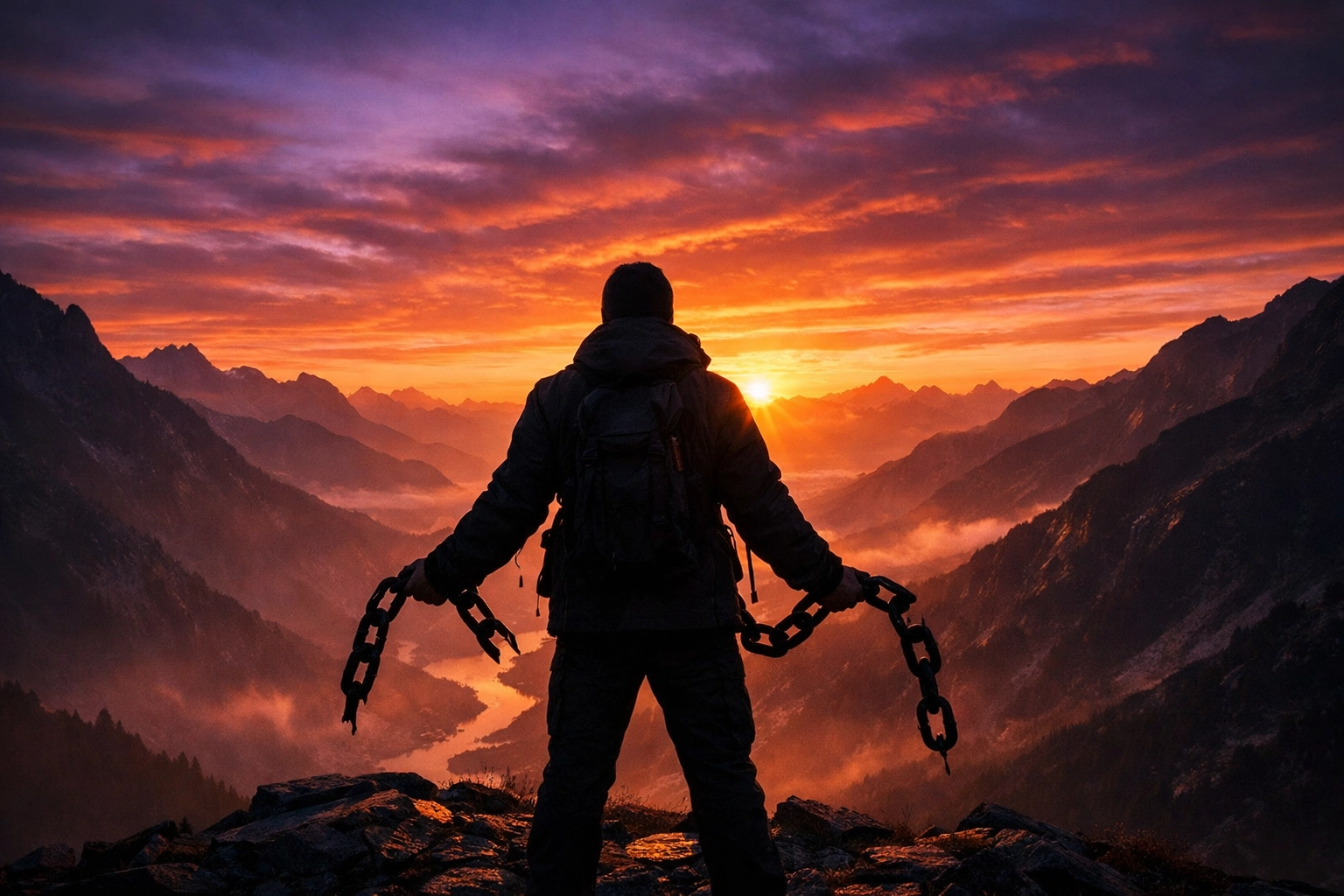 Person breaking chains on a mountain at sunrise, symbolizing liberation from high-interest debt.