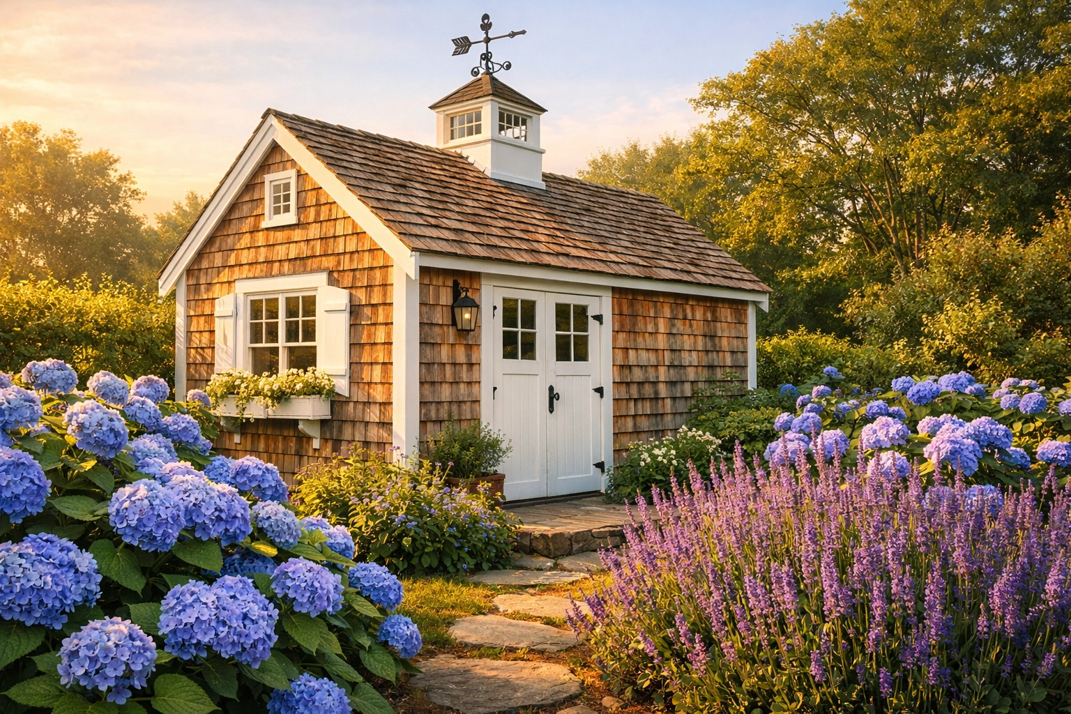 Classic Nantucket garden shed with cedar shingles and white trim nestled in a lush flower garden.