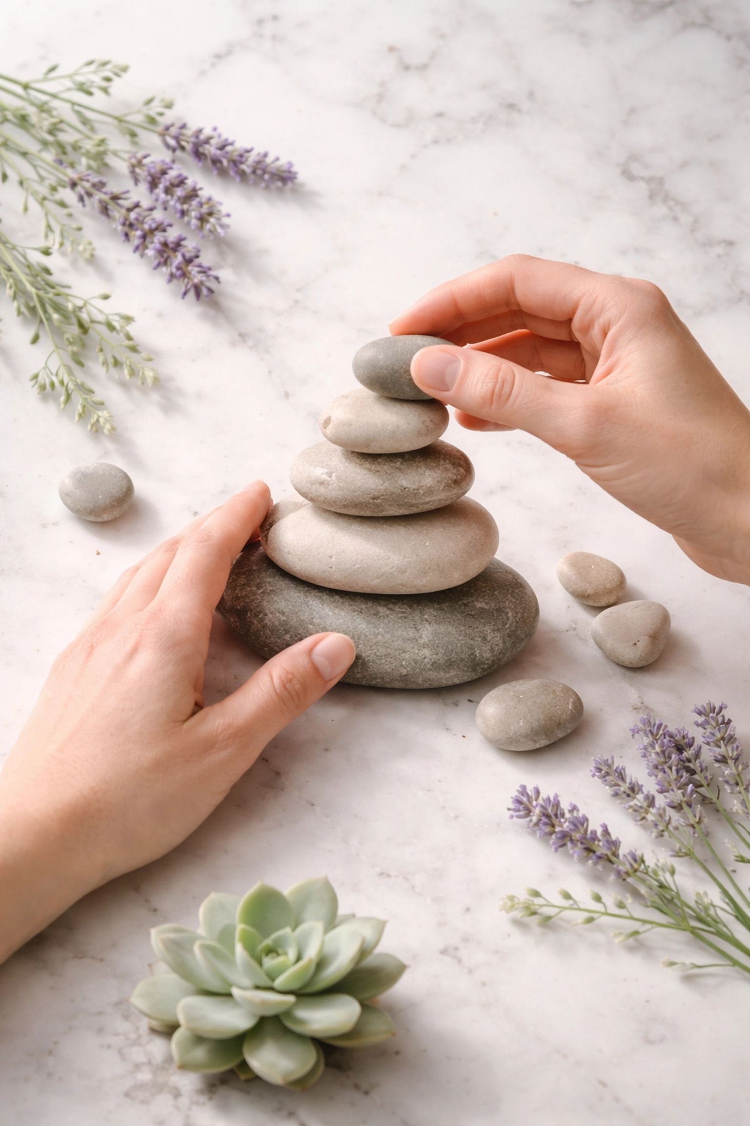 Hands stacking smooth stones, showing how hypnosis builds a strong foundation for stress relief and personal growth
