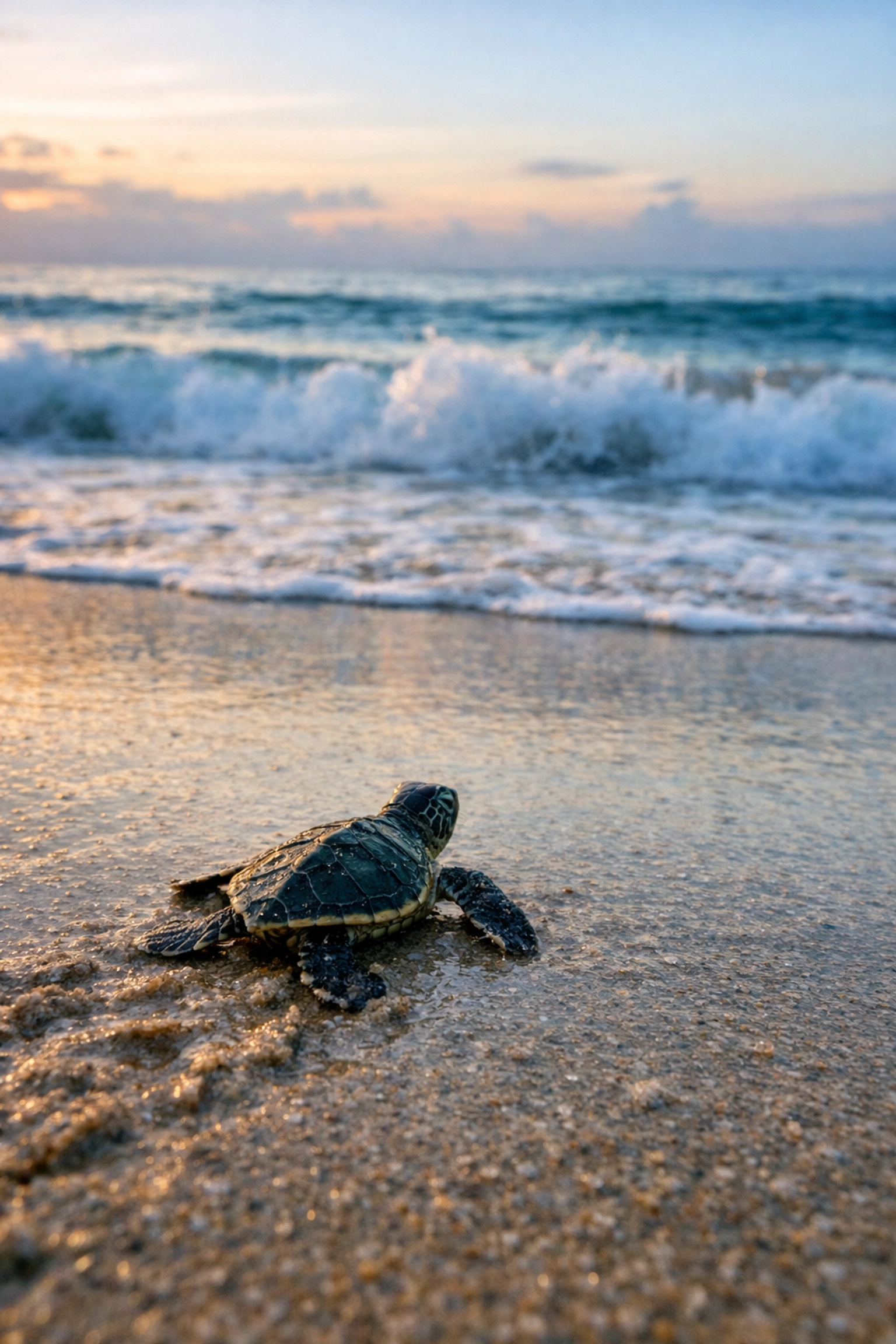 Green sea turtle hatchling crawling toward the ocean on a protected nesting beach at dawn.
