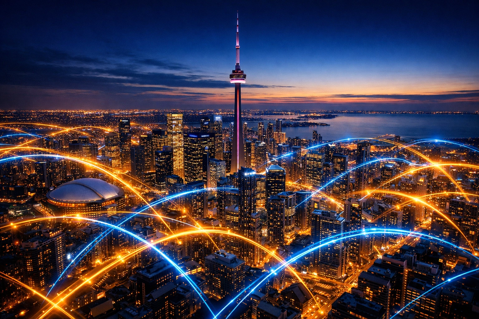 Digital network lines over the Toronto skyline representing social media marketing and local SEO connectivity.