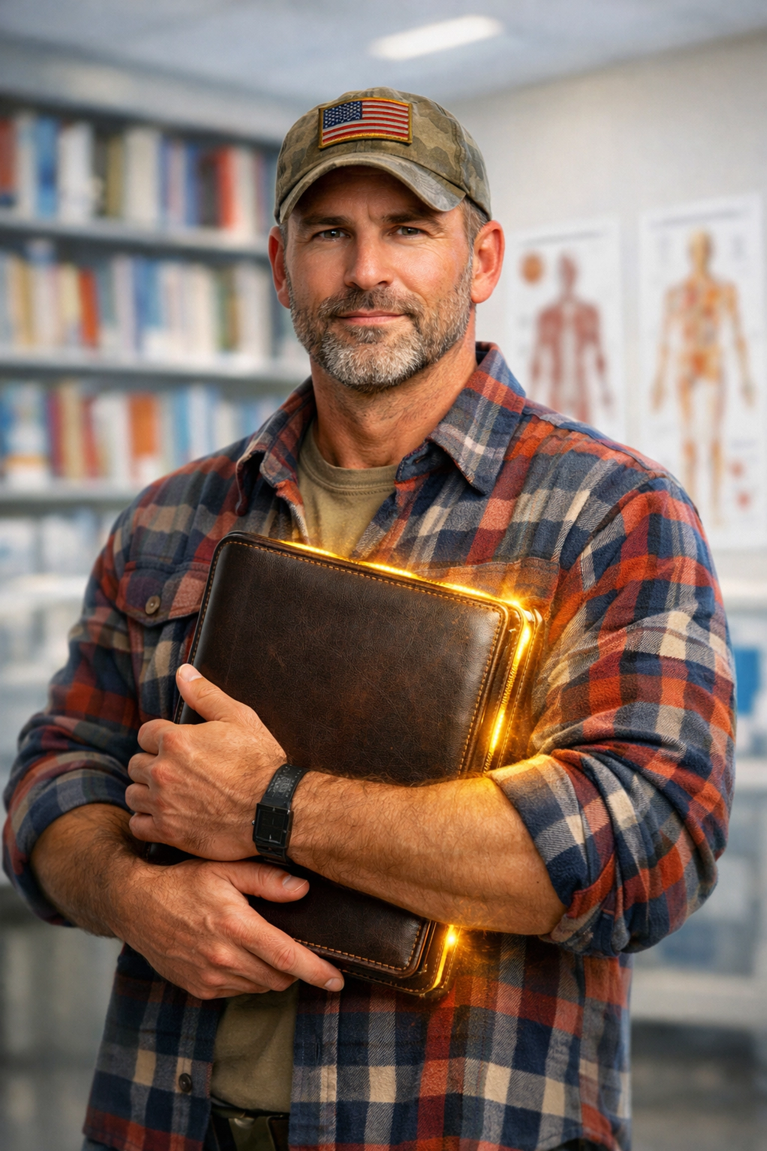 Confident veteran holding a complete VA disability claim checklist of medical evidence for his filing.