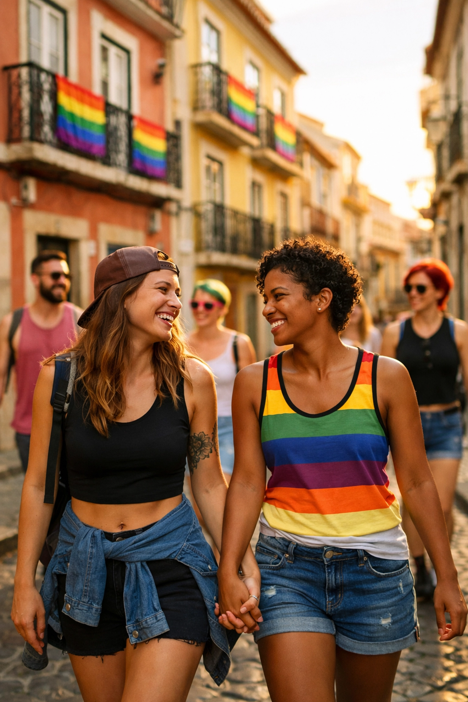 LGBTQ+ community in historic Lisbon's gay district Príncipe Real with rainbow balconies