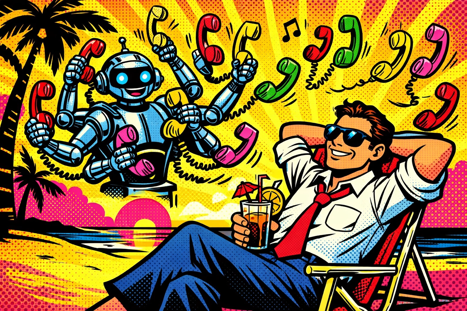 AI robot answering calls while business owner relaxes, showing automated customer support.