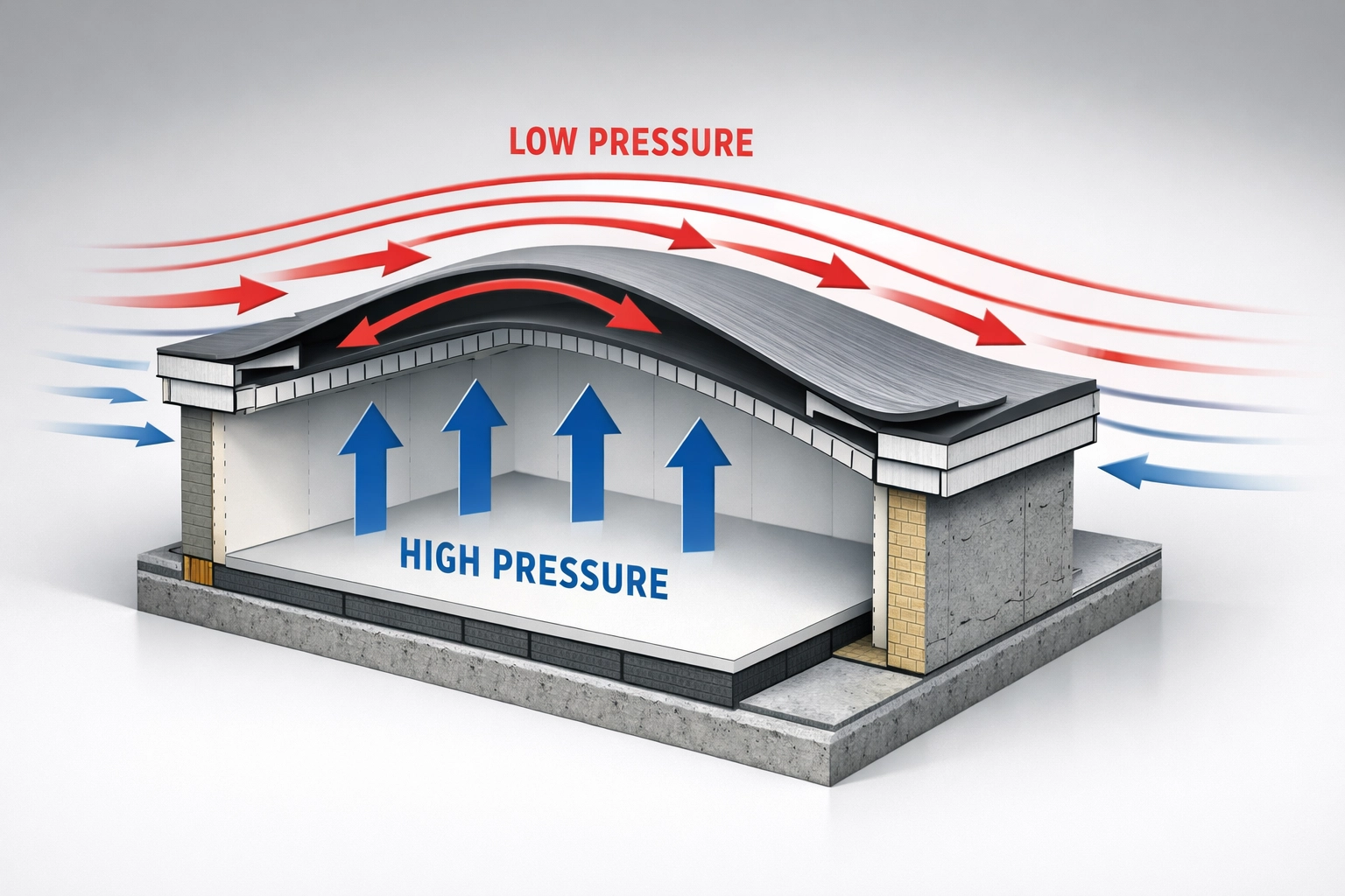 Wind uplift diagram showing pressure forces on roof during storm