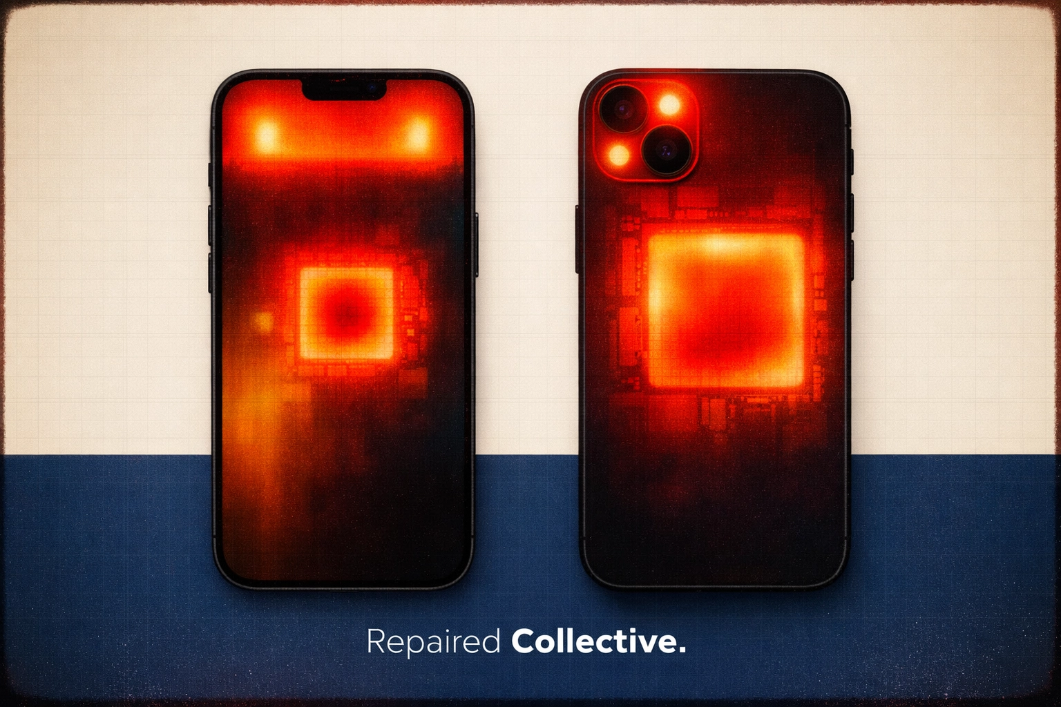 Heat map style visualization of an iPhone showing crimson hot zones that accelerate iPhone battery lifespan wear.