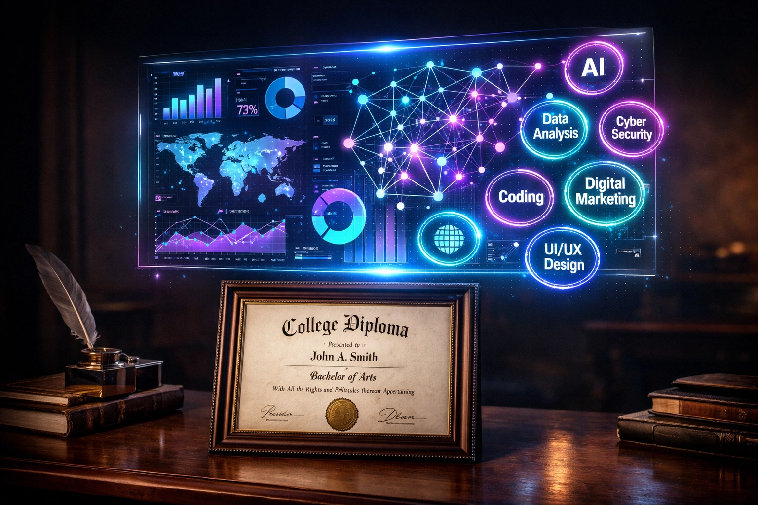 A glowing holographic dashboard of digital skills floating above a traditional college diploma on a desk.