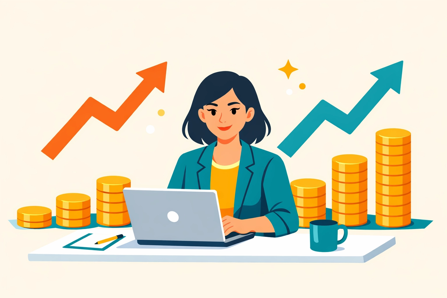 Mom investing at desk with growing financial charts showing long-term wealth building strategy