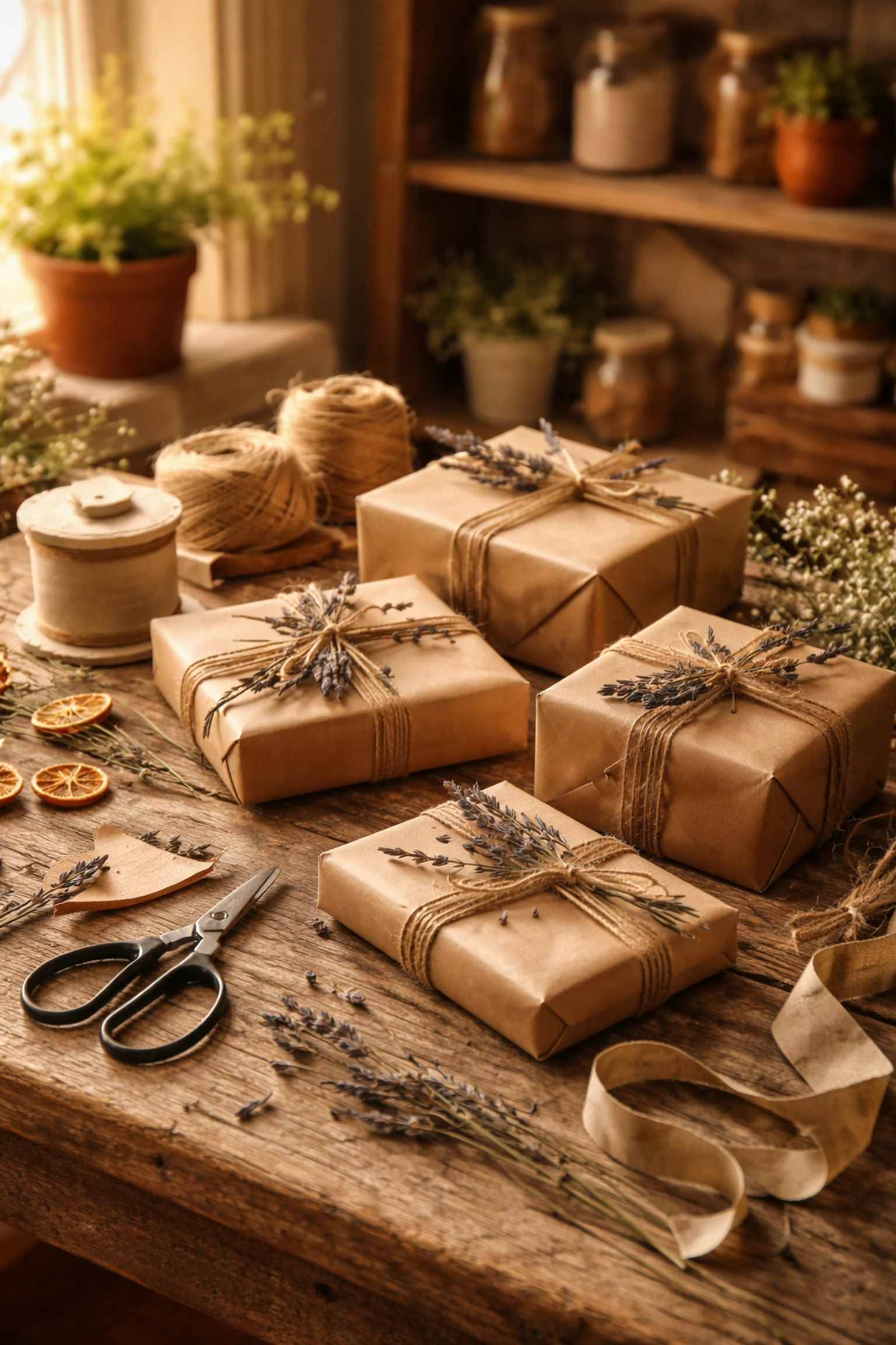 Rustic gift-wrapping station with handcrafted packages and lavender, symbolizing unique handmade gifting.