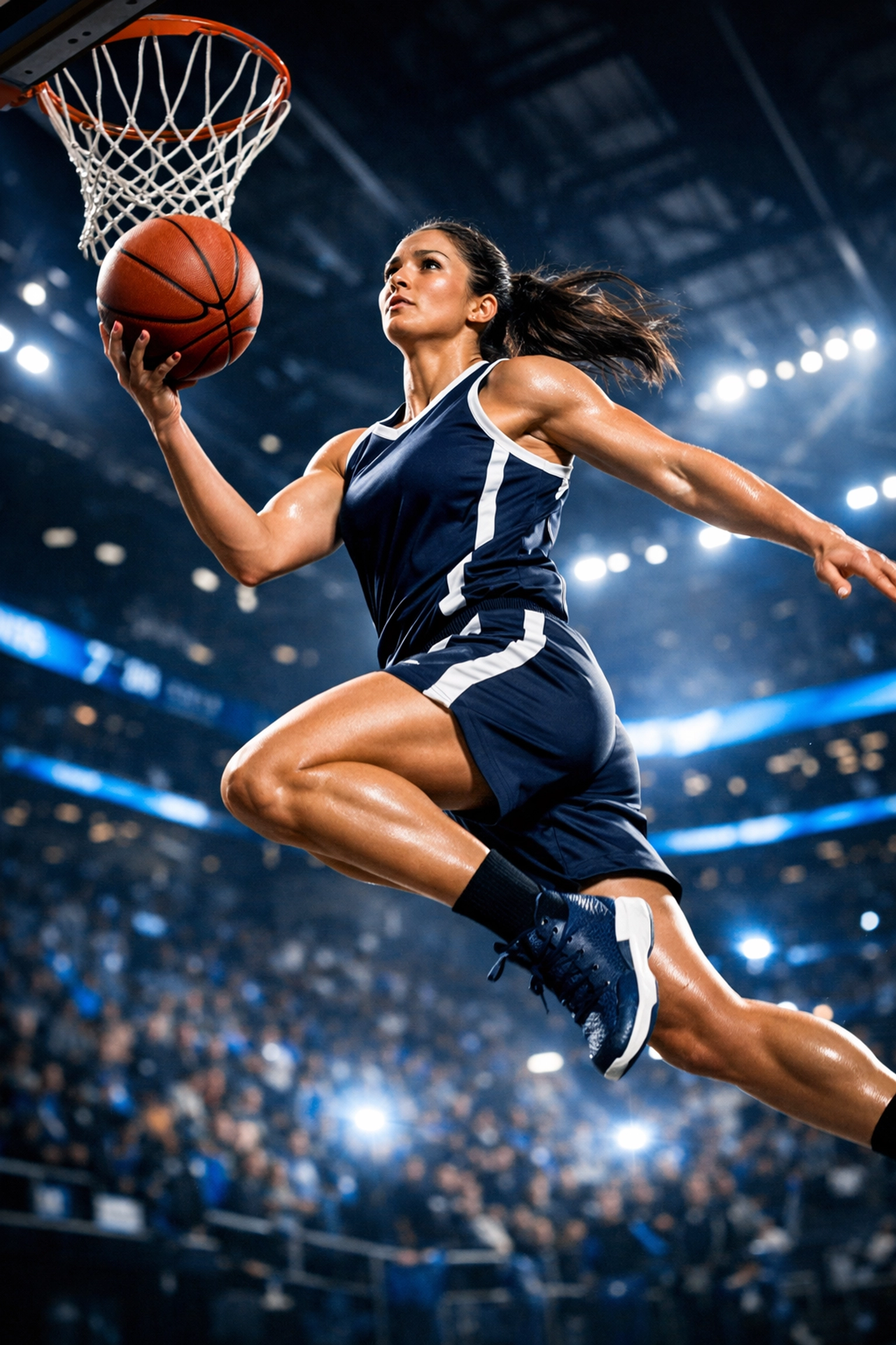 UConn basketball player in navy and white uniform performing a powerful layup during a championship game.