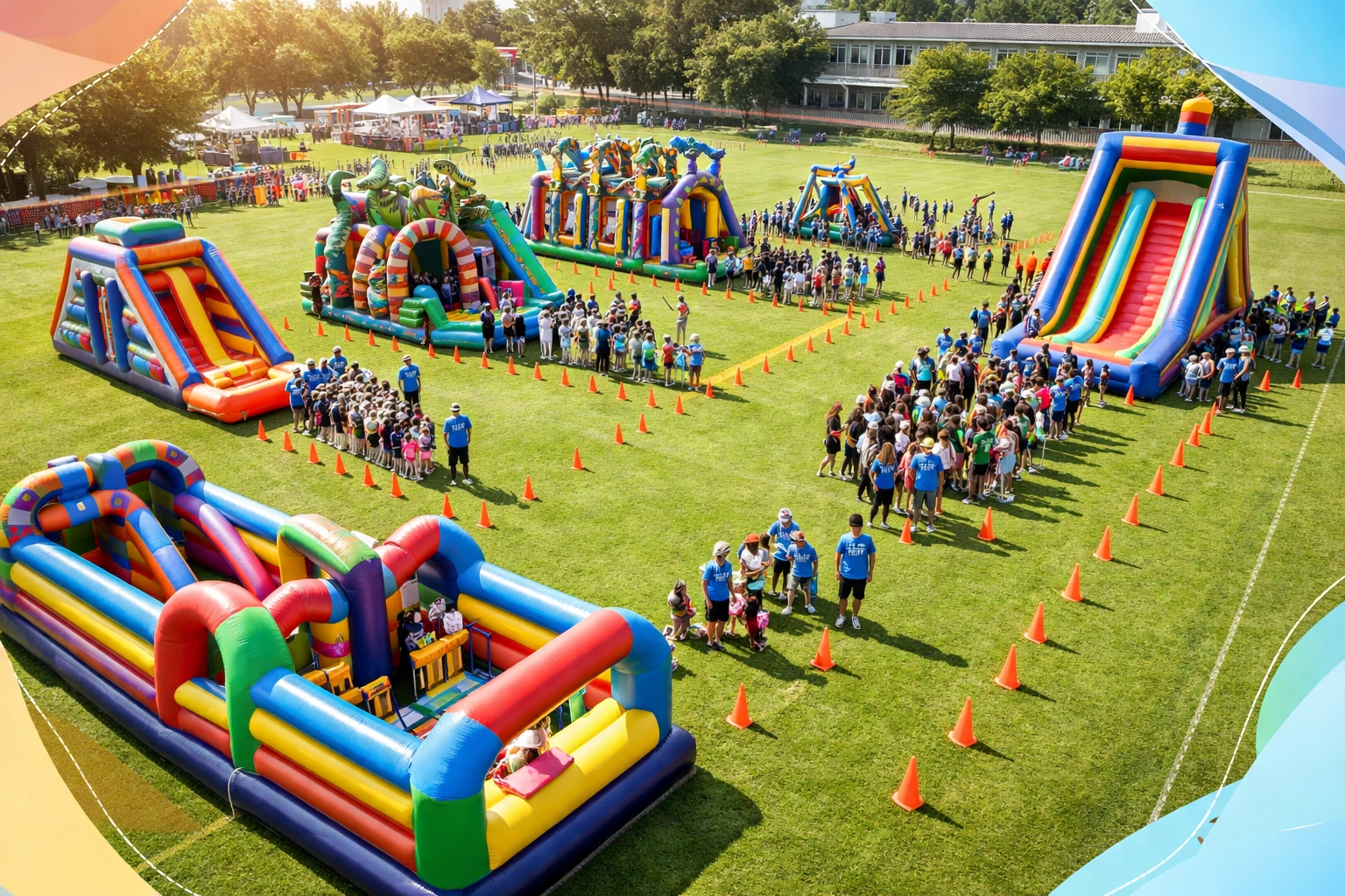 School carnival features supervised colorful inflatables and organized entry lines for event safety.