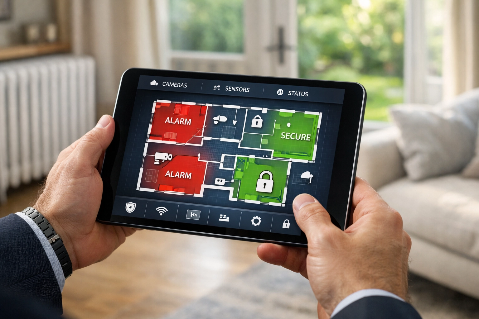 Professional security installer using a tablet to plan bespoke alarm zones for an Oxford home.