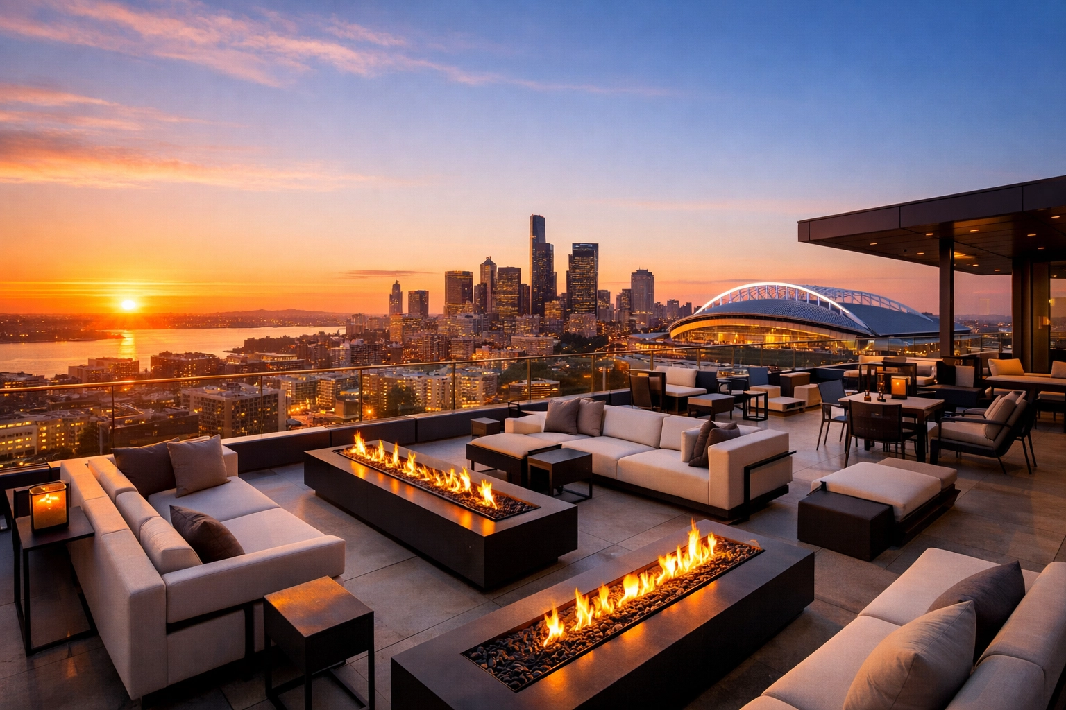 Elite rooftop corporate event space with a skyline view of a Super Bowl host city stadium at sunset.