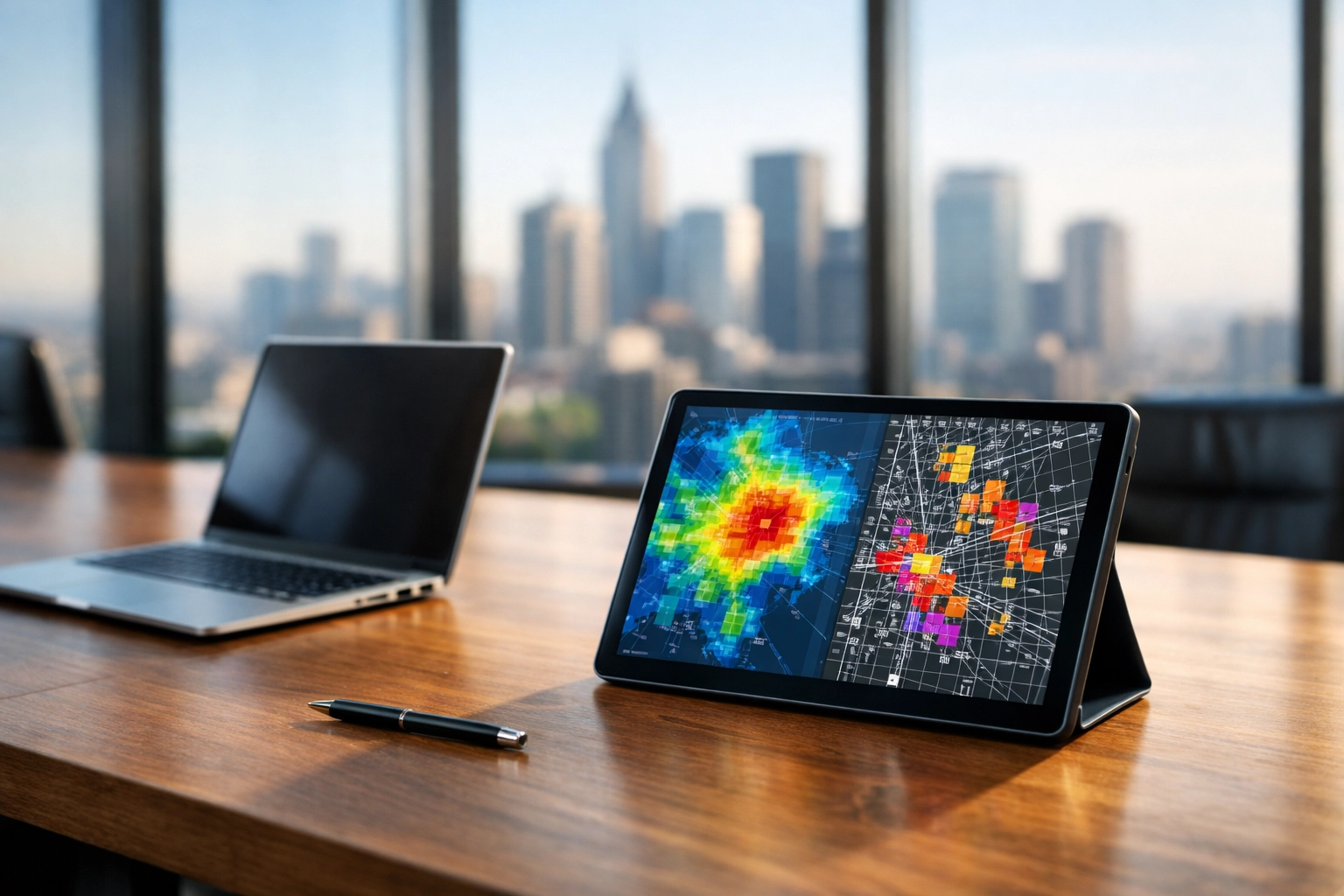 Strategic marketing data and heat maps on a tablet for planning high-impact Super Bowl advertising campaigns.