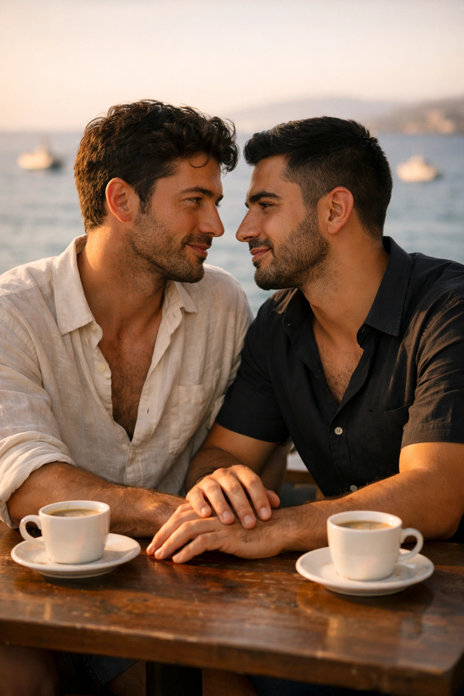 Greek and Albanian men on romantic seaside date symbolizing cross-border gay romance