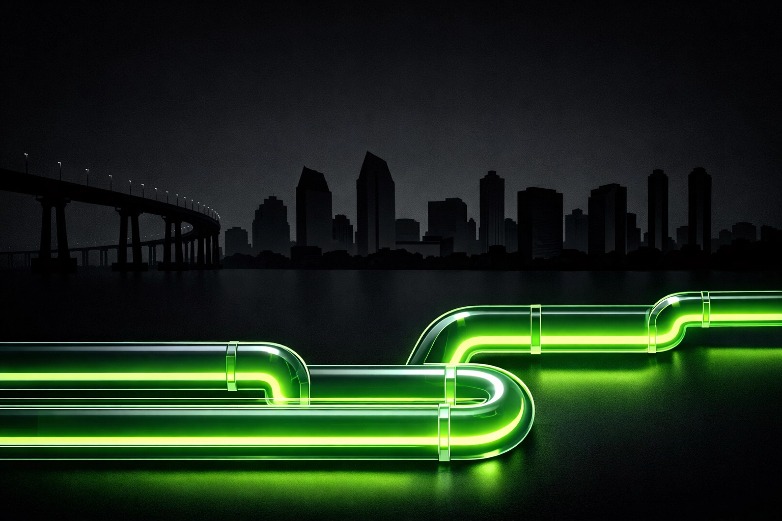 San Diego skyline with glowing pipes representing local emergency plumbing service connectivity.