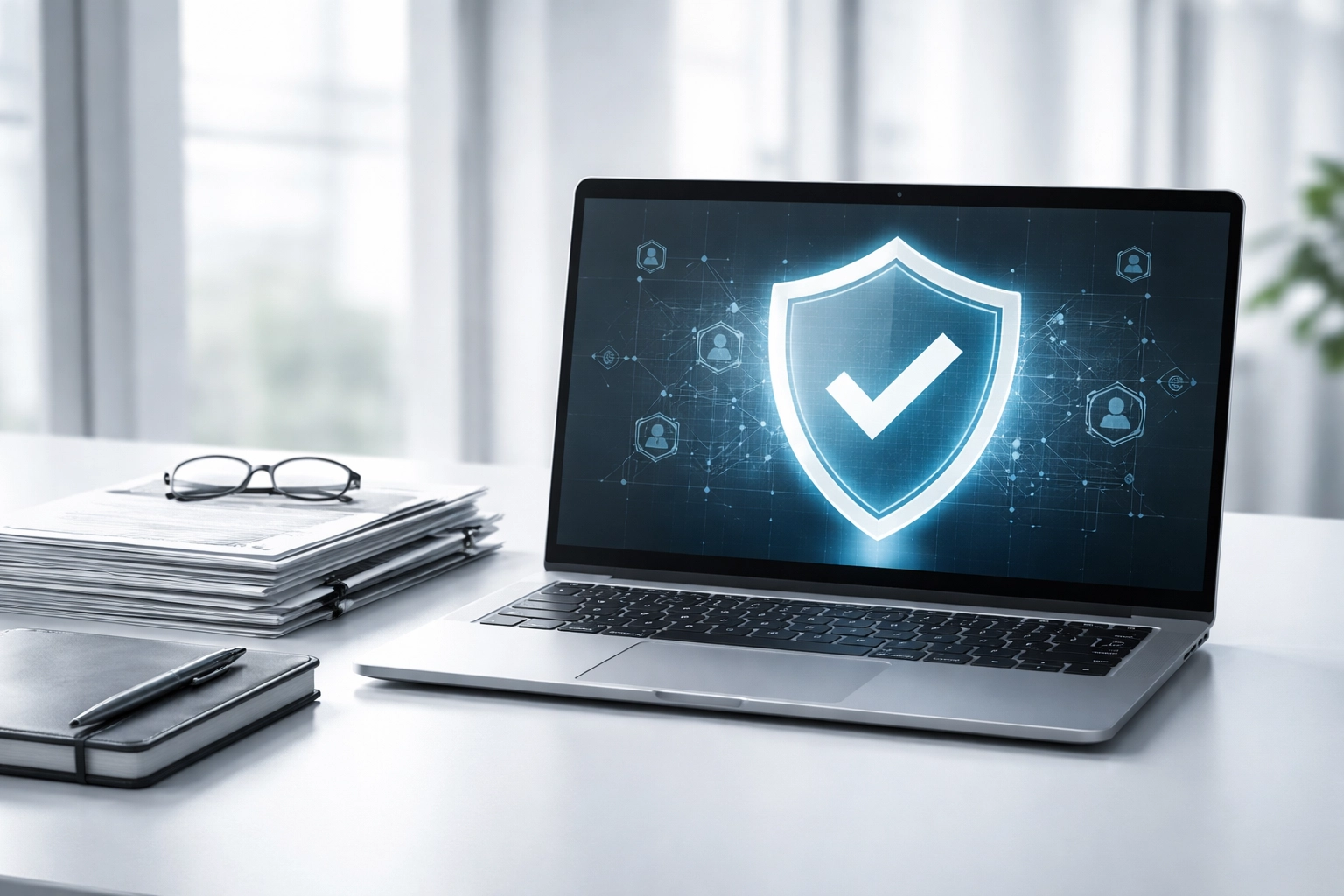 Laptop displaying compliance icons and documents emphasizes security in debt collection payment processing