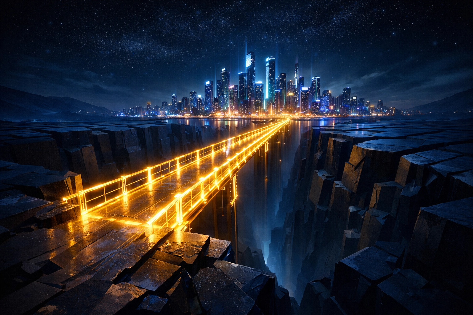 Digital bridge leading to a neon city representing 0% interest-free bridge loans for startup growth and expansion.