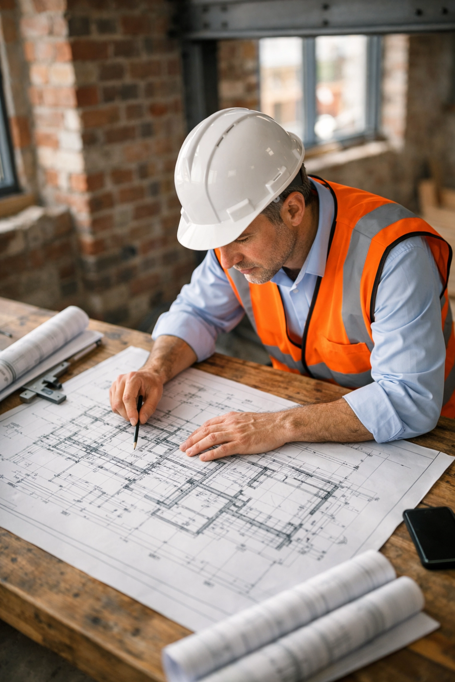 Structural engineer reviewing blueprints at London extension site with exposed steel beams