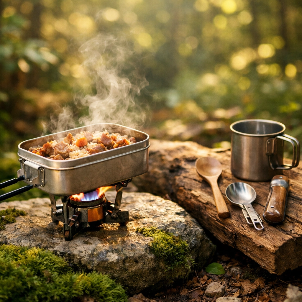 Compact camping stove heating mess tin with budget cookware for UK outdoor cooking