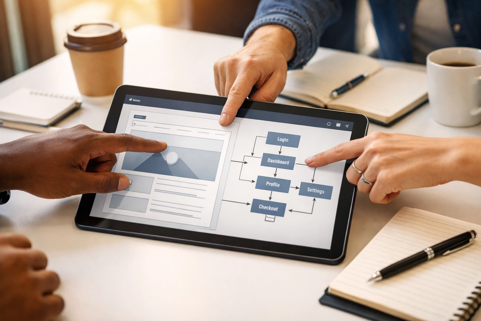 Custom Software Development 101: A Small Business Owner's Guide to Getting Started 5 Development team collaborating on custom software design and planning at workspace table