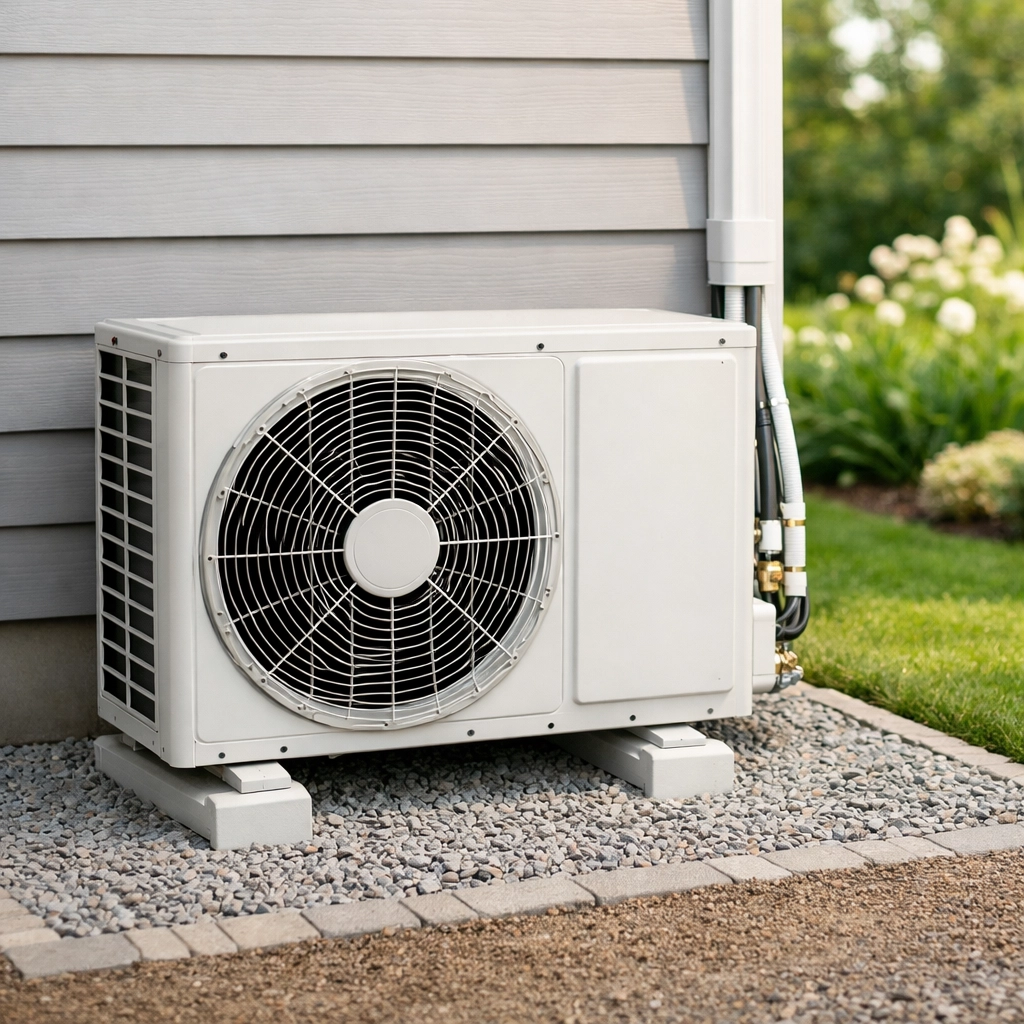 Professional installation of a compact outdoor mini-split condenser unit next to a modern grey-sided home.