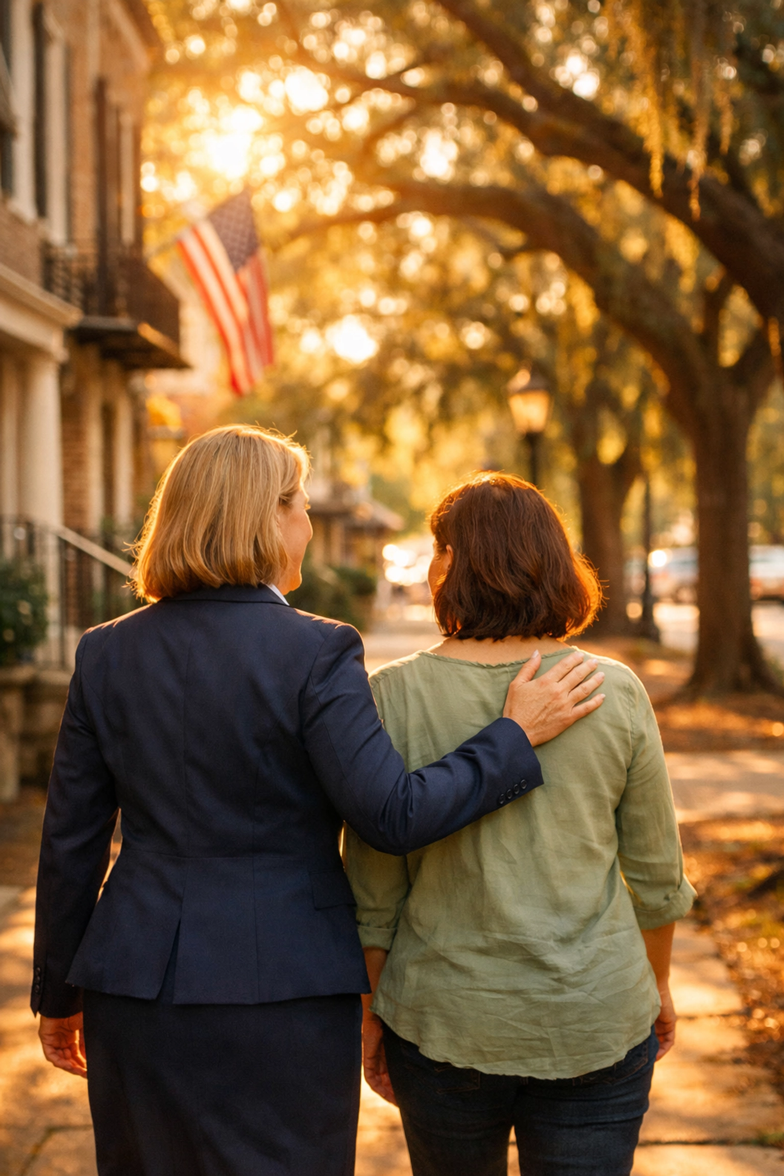 A personal injury lawyer in Georgia walking supportively with a client after a legal consultation.