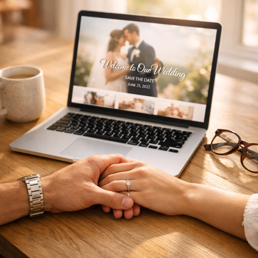 Engaged couple using a laptop to manage digital RSVPs and wedding guest contributions.