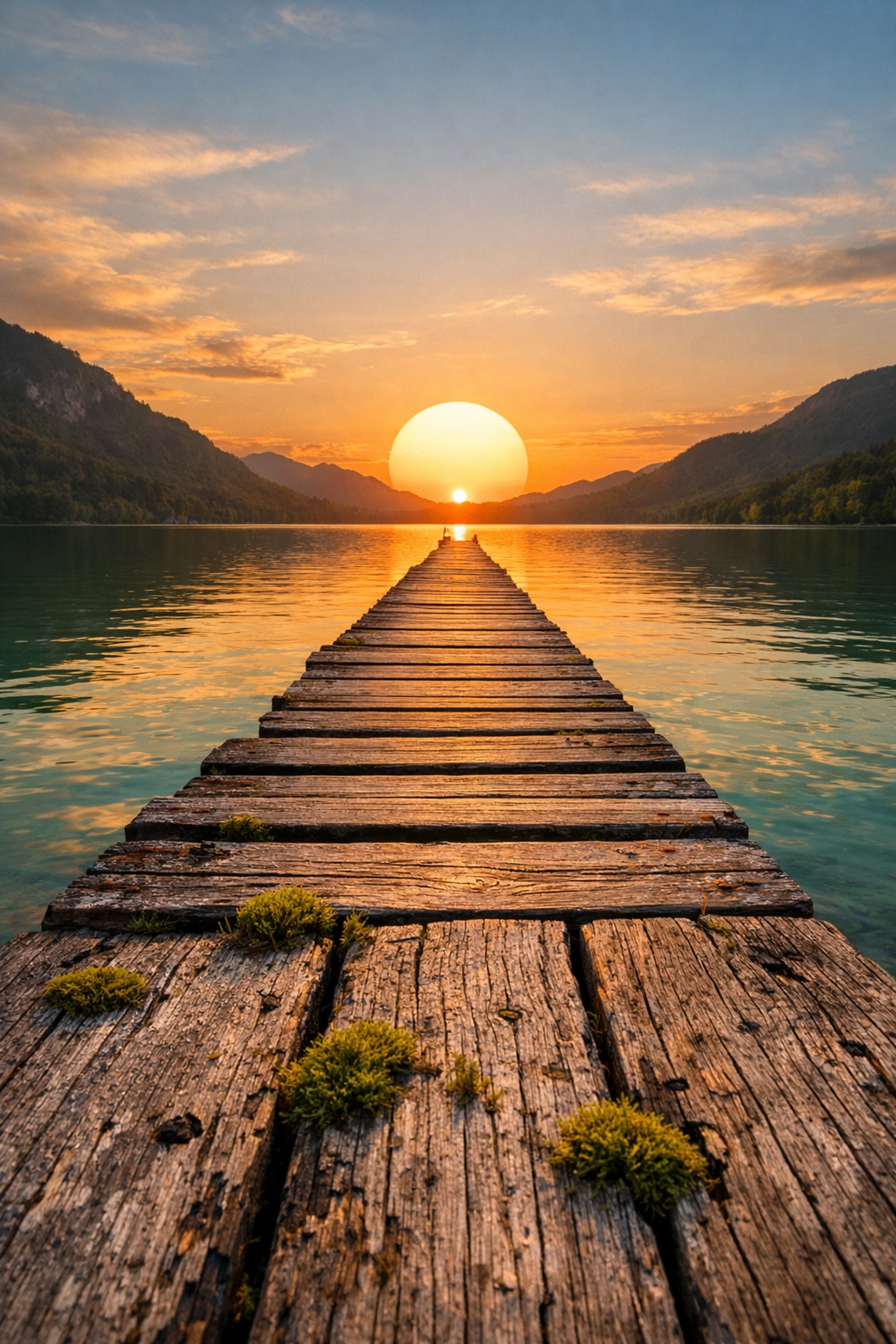 Sunset over a lake with a wooden pier, demonstrating landscape photography tips for leading lines.