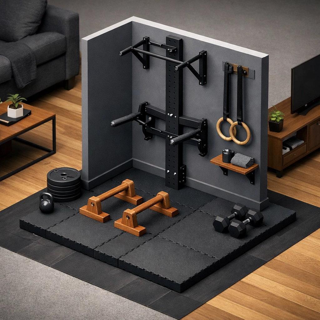 Compact home gym layout with calisthenics equipment including gymnastic rings and parallettes.