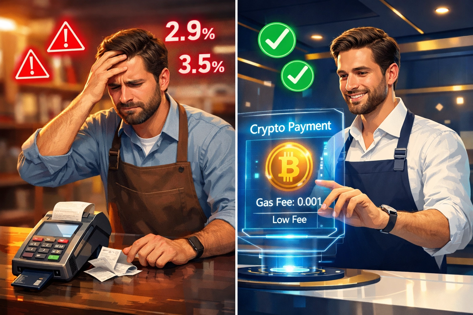 Comparison of traditional payment fees versus crypto payment savings for merchants