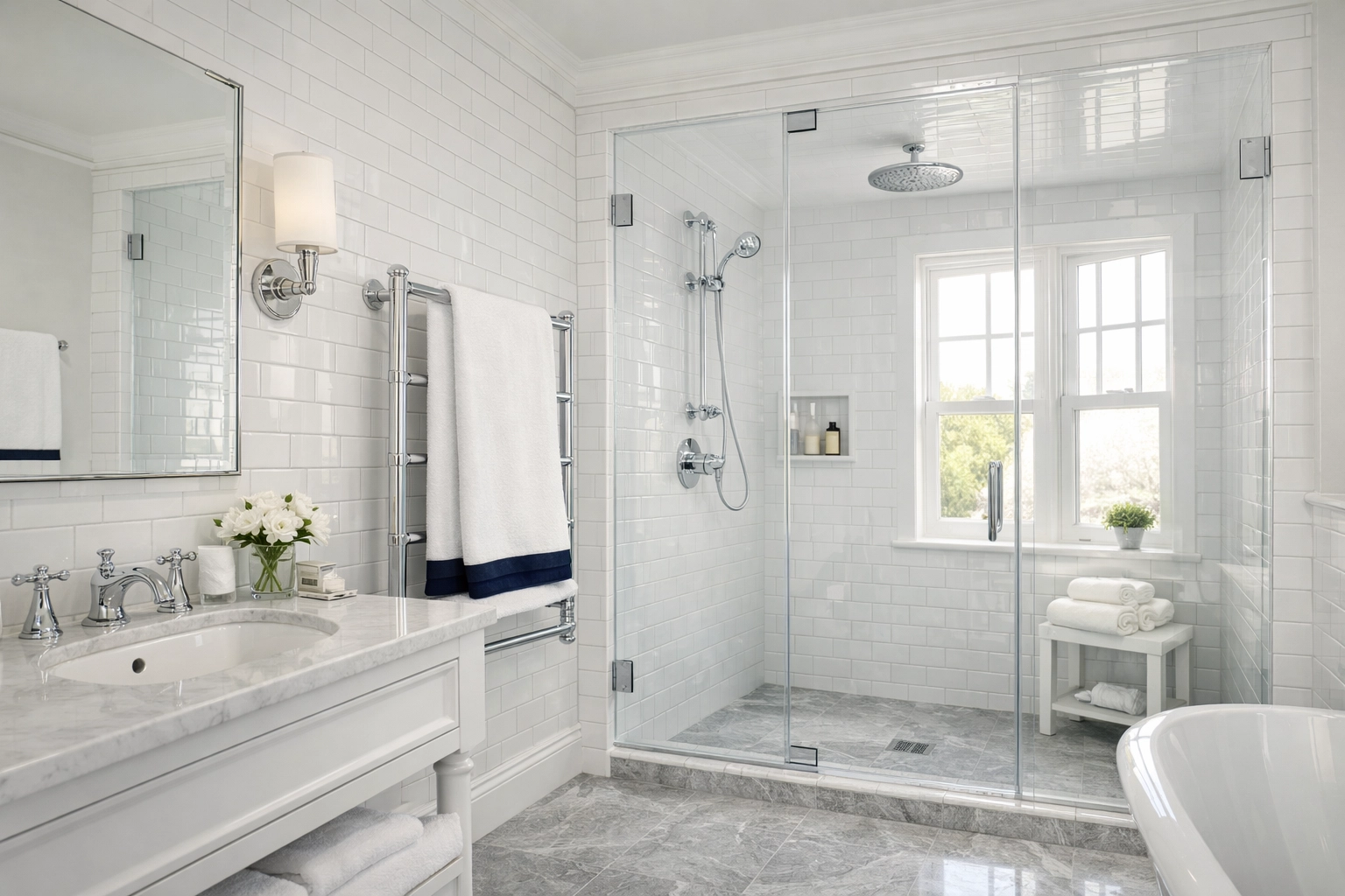 A pristine luxury bathroom with gleaming chrome fixtures after professional Apartment Cleaning Boston.