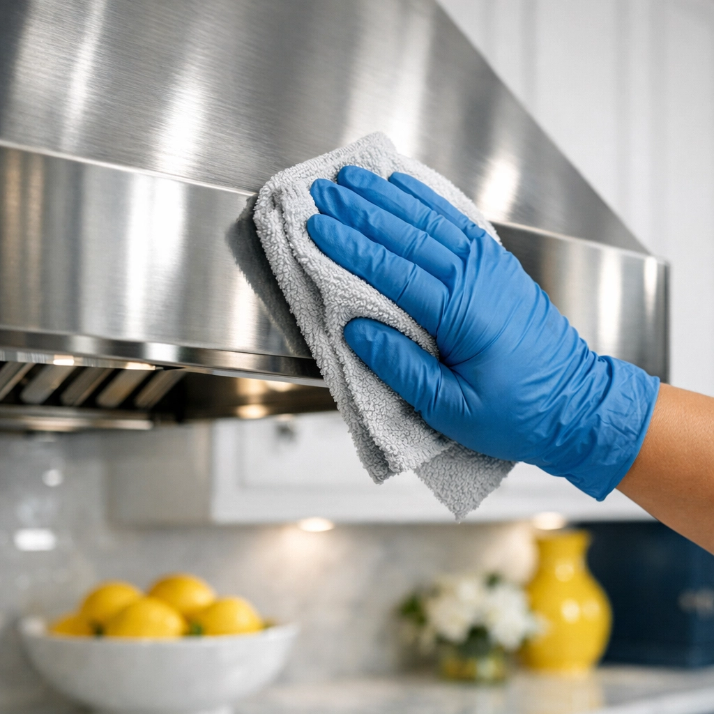 Professional house cleaning in Westford kitchen showing detailed polishing of a stainless steel range hood.