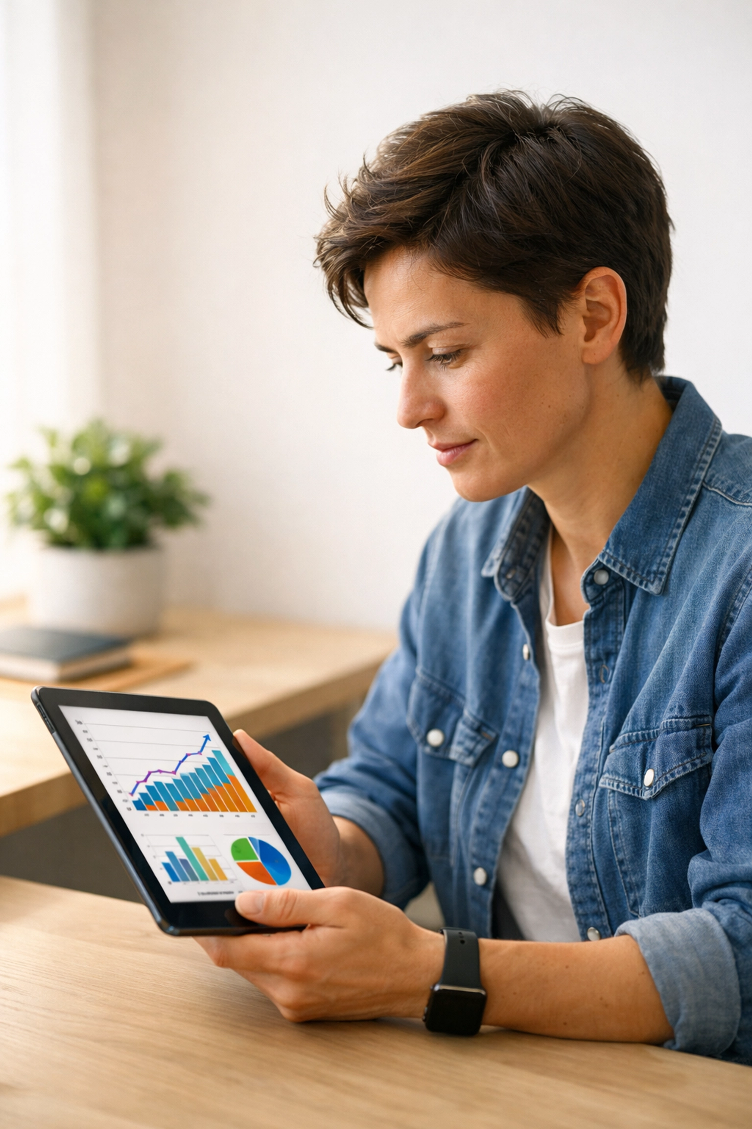 Startup founder reviewing monthly bookkeeping data and financial trends on a digital tablet.