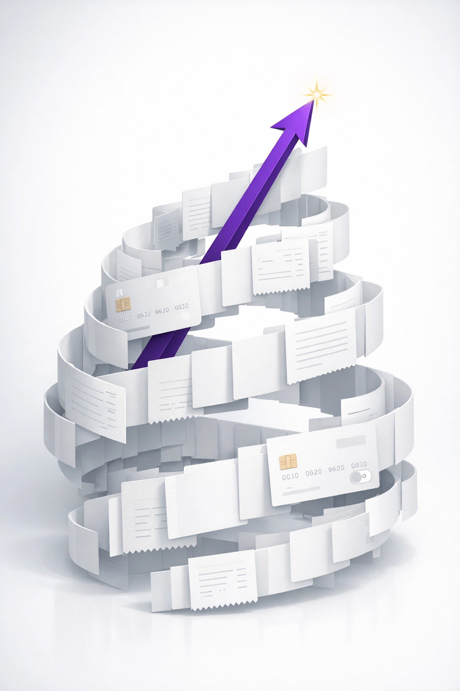 Ascending spiral of financial documents with a purple growth line representing positive ROI from clean books.
