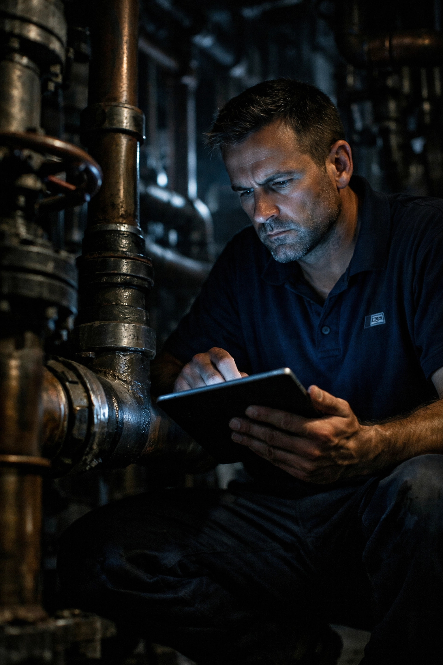 Expert providing emergency building maintenance by assessing a leak in a commercial utility room.