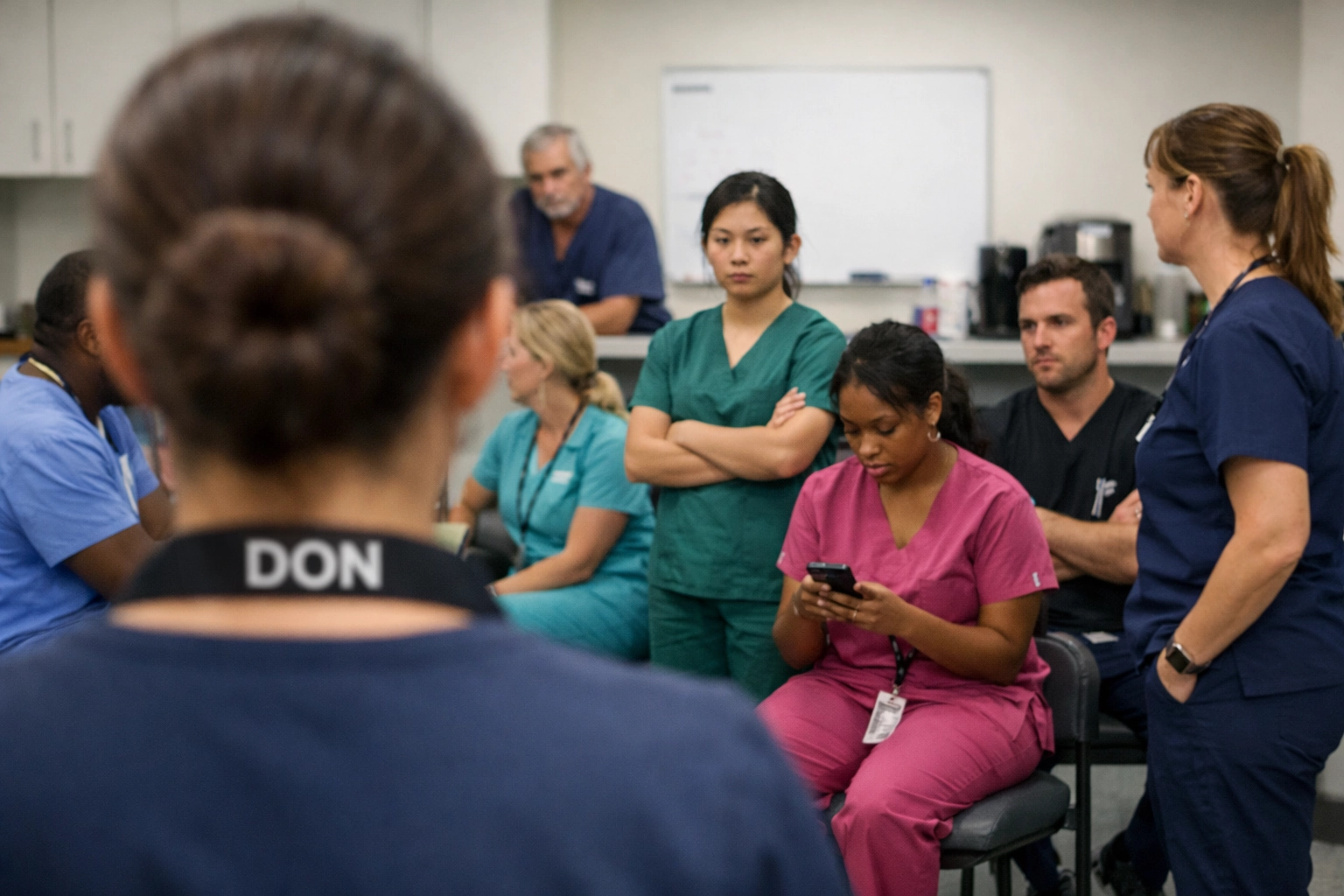 New Director of Nursing observing nursing staff team dynamics in healthcare break room