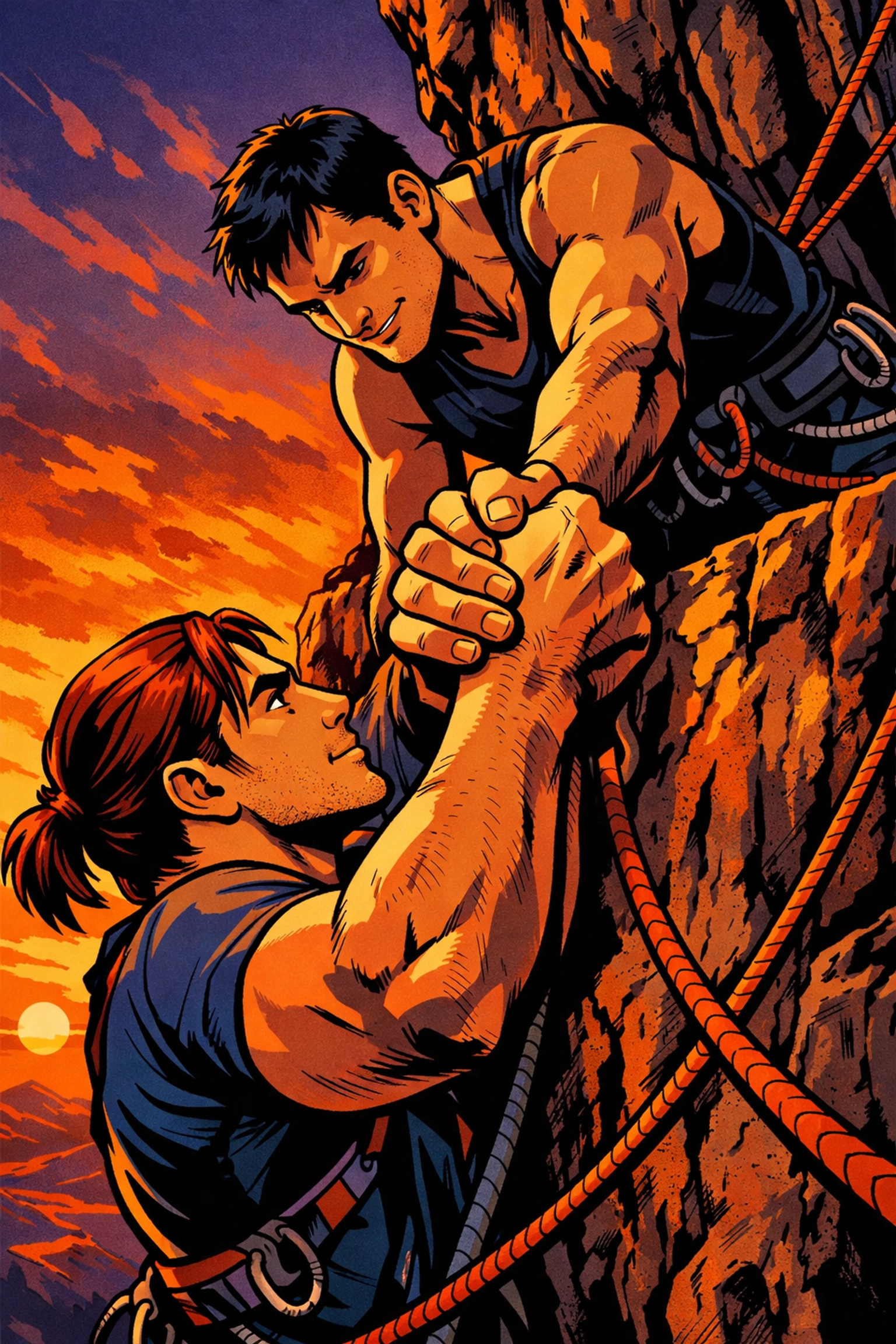 Two men rock climbing together demonstrating danger-bonding in gay romance adventure