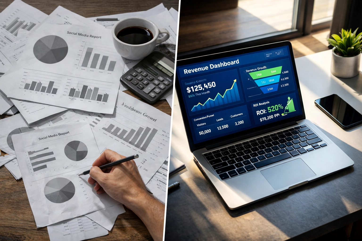 Comparison of vanity metrics versus ROI-focused digital marketing analytics dashboards
