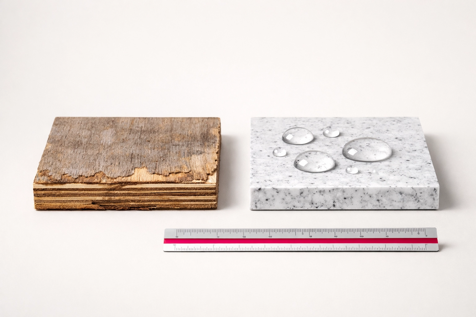 Recycled plastic sheets vs marine plywood comparison showing water resistance and rot-proof durability.