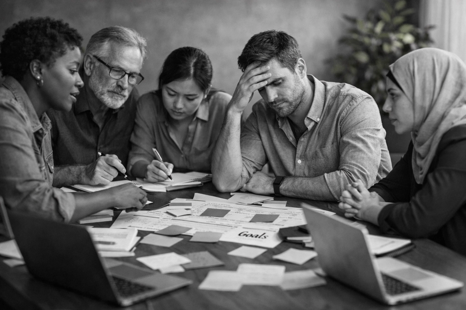 Nonprofit team in strategic planning meeting navigating difficult growth decisions