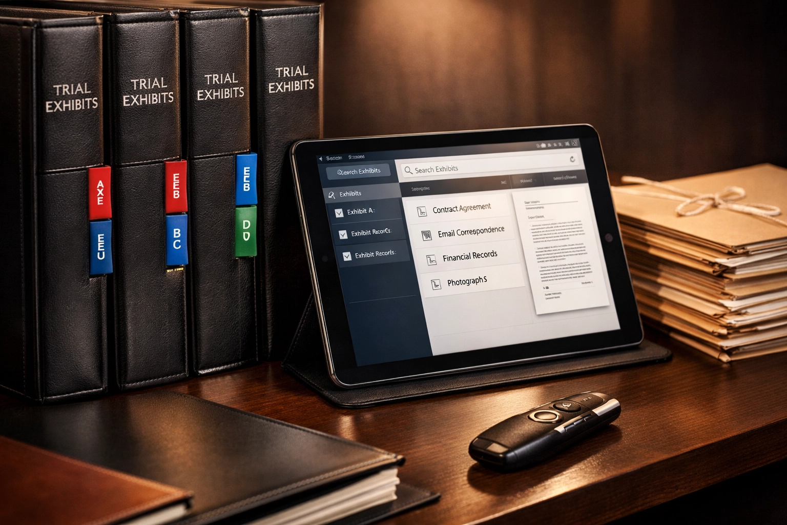 Professional trial exhibit system with color-coded binders, digital database, and organized case materials