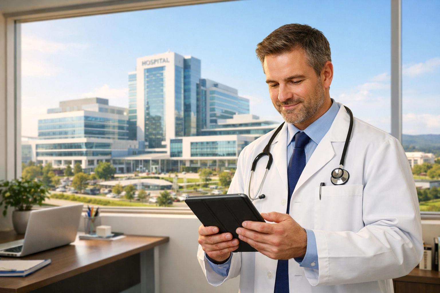 A doctor in a modern office with a large hospital building in the background, illustrating the Medicare payment gap.
