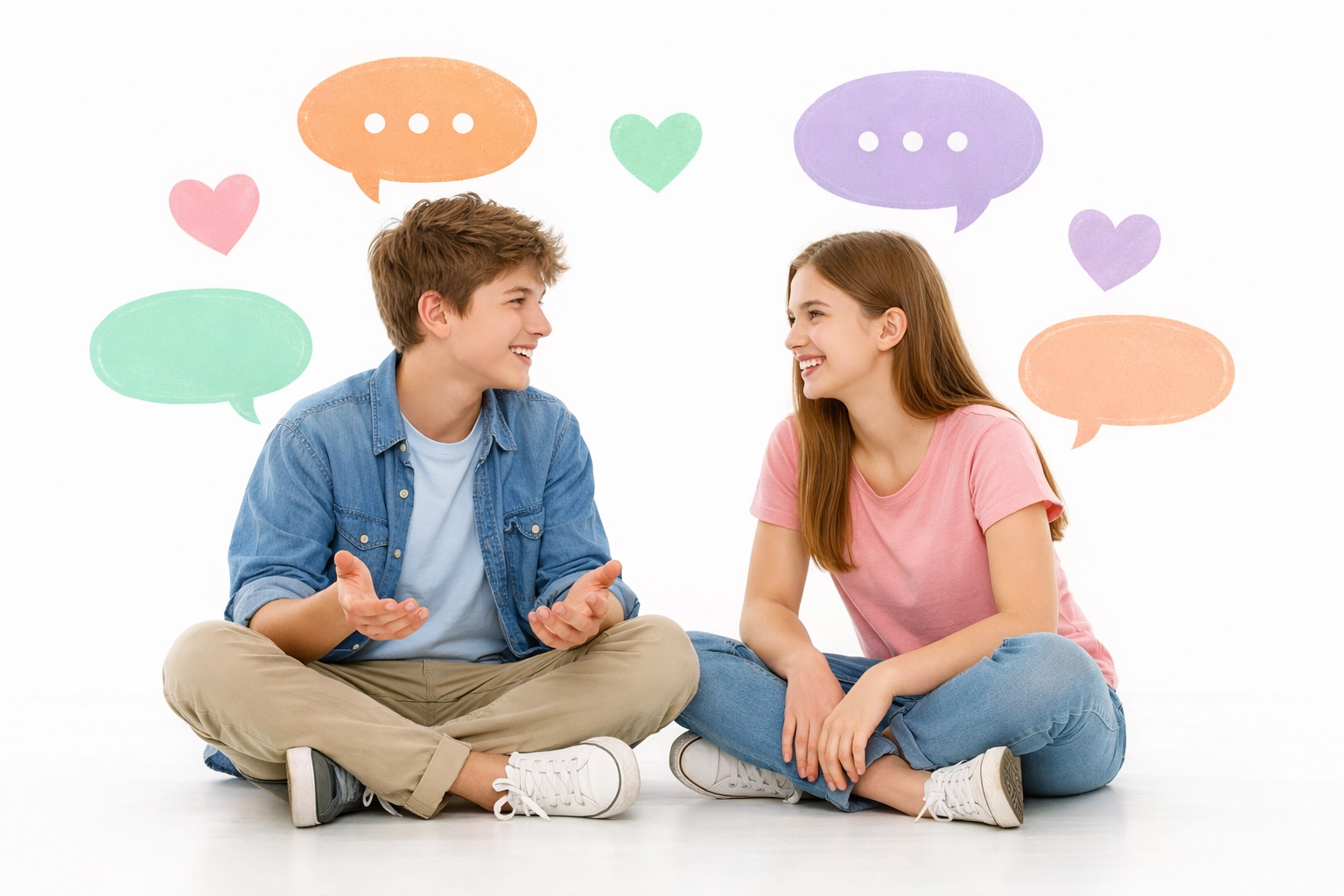 Two teens practicing healthy communication and social skills through friendly conversation