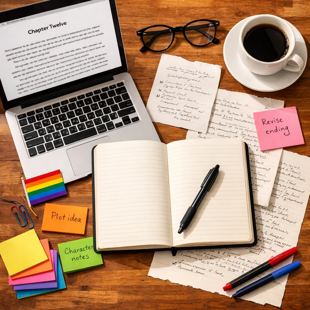 LGBTQ+ author's desk with manuscript, notebook, and pride flag while writing gay romance